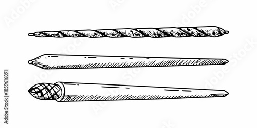 Detailed sketch of three different vintage or antique writing quill pens