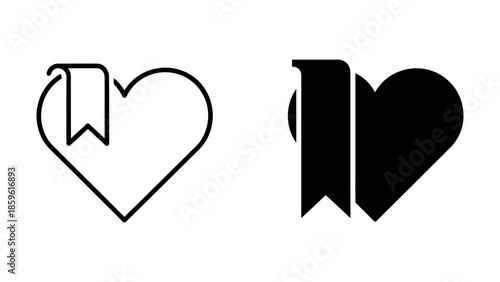 Outline and Solid Heart Icons with Ribbon Bookmark Elements