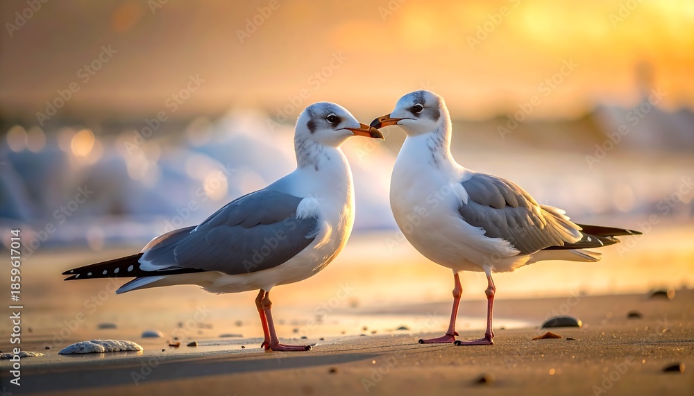 Obraz premium Two seagulls facing each other at sunrise