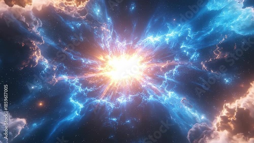 Vibrant Cosmic Nebula Explosion with Bright Starburst Center and Swirling Blue and Orange Clouds Illuminated by Intense Light Amidst Dark Space Speckled with Distant Stars