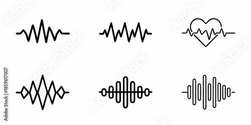 Simple black and white illustrations of various heartbeat and sound wave designs