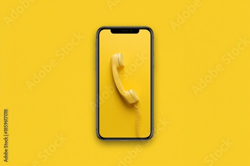 Modern smartphone with a classic vintage handset on the screen over a vibrant yellow background for communication and contact us concepts