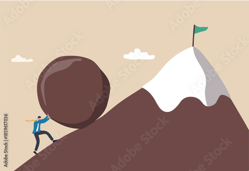 Perseverance, grit or persistence to push effort to success, resilience and strength to keep pushing and achieve goal and success concept, ambitious businessman pushing heavy boulder to mountain peak.