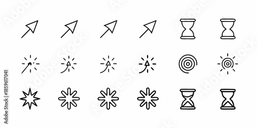 Collection of minimalistic line art icons arrows stars hourglasses and flowers