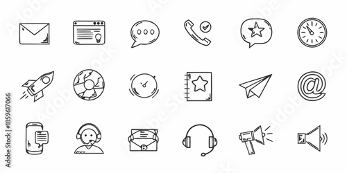 Collection of communication and technology related linear icons in black and white