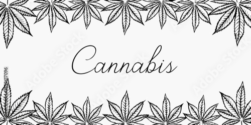 Elegant cannabis leaf design with decorative script text in black and white