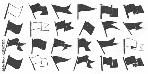 A collection of hand drawn black flags with varying shapes and designs