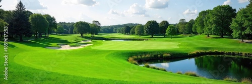A challenging golf course with lush green fairways, strategically placed bunkers, and water hazards, offering a breathtaking view from the tee ,  nature,  caddy