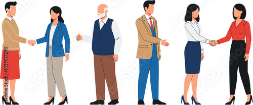 Professional business people shaking hands and standing in formal office wear featuring diverse men and women for corporate partnership vector illustration