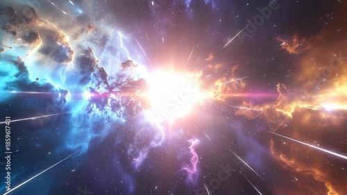 Vibrant Cosmic Nebula with Starburst Effect and Streaking Lights Traveling Through Deep Space with Oranges and Blues