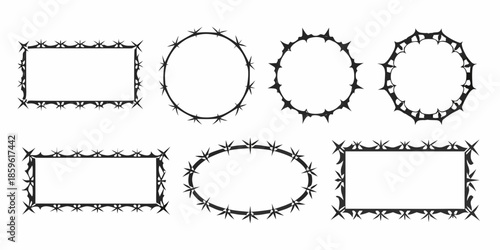 Black and white illustration of various geometric frames with barbed wire