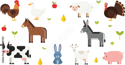 Cute collection of farm animals and livestock including cow horse sheep pig goat rooster duck and turkey isolated vector illustration