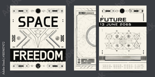 Futuristic space exploration posters with geometric designs and bold typography