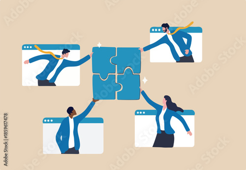 Work together, teamwork or collaboration to solve problem, hybrid work conference call to success together, partnership concept, businessman and woman colleagues connecting jigsaw pieces together.