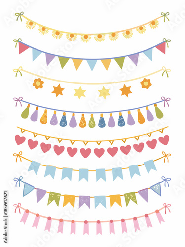 Colorful party decorations with various flag and star garland designs isolated on white
