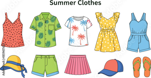 Summer clothes icon set, casual fashion items, beachwear, hats, shirts, dresses, flip-flops, seasonal outfit collection - flat vector illustration
