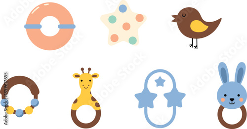 Baby teething toy icon set, cartoon-style infant accessories, soft rings, cute animal shapes, early development - flat vector illustration