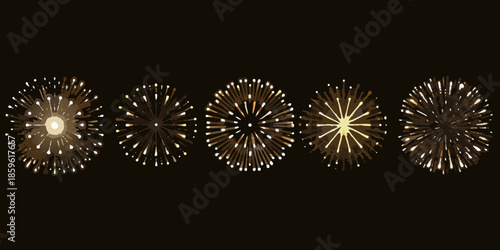 A sequence of golden fireworks exploding against a dark black background