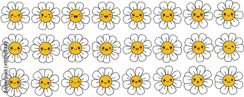 Cartoon daisy face set, expressive flower icons, cute emotive petals, smiling blossoms, kawaii floral characters - flat vector illustration
