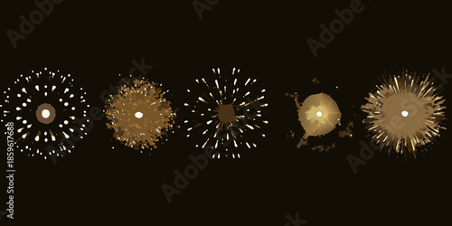 A series of golden fireworks bursts against a dark black background