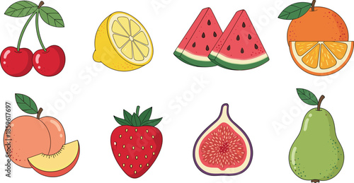 Fresh summer fruits collection, cherries, lemon, watermelon, orange, peach, strawberry, fig, pear, healthy food icons - flat vector illustration