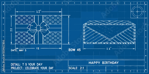Blueprint style illustration of a gift box and envelope with birthday message