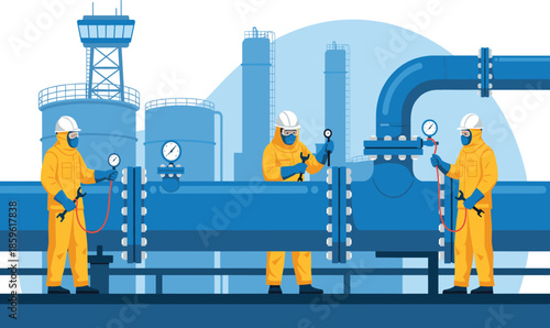 Industrial workers in yellow hazmat suits performing maintenance on oil and gas pipelines at a refinery plant with storage tanks and control tower