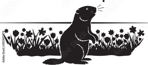 Black silhouette of a groundhog standing in a field of flowers