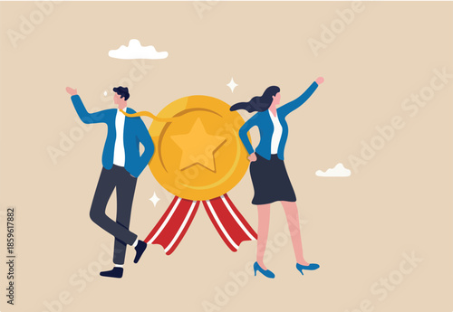 Professional or expert who success and win award, best office employee or specialist with skills to achieve goal concept, success businessman and businesswoman professional stand with star award.