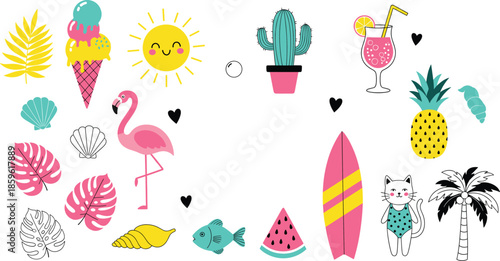 Cute summer vacation set featuring pink flamingo ice cream sun cactus tropical leaves surfboard and beach elements isolated vector illustration