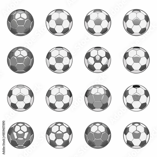 A collection of grayscale soccer balls in a grid arrangement