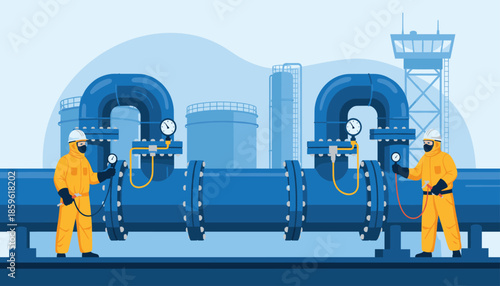 Industrial maintenance workers in yellow hazmat suits checking pressure gauges on oil and gas pipelines at an energy refinery plant with storage tanks