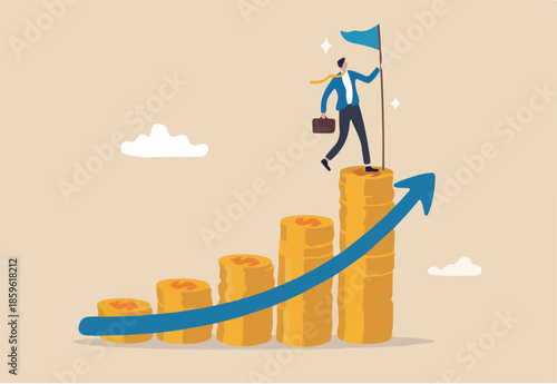 Financial success, profit or compound interest to grow investment fund and reach goal, income or wealth accumulation, stock market earning concept, businessman holding success flag on money stack.