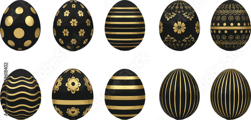 luxury black Easter eggs with elegant golden patterns including floral motifs stripes and polka dots vector illustration