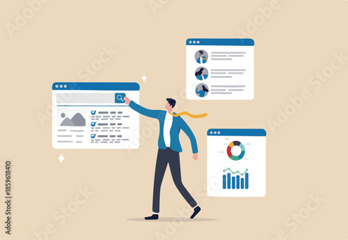 Self service, software or application to help user get result themself, online help or assistance, resource management or electronic automated report concept, businessman using self service software.