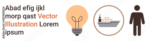 Innovation, shipping, logistics, energy, trade, transportation. Light bulb and cargo ship icon alongside a human figure. Innovation and shipping-themed visual elements on display