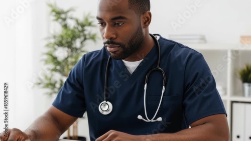 Focused healthcare professional in blue scrubs working on laptop with medical textbooks and stethoscope in modern clinical workspace, 4k video
