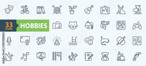 Hobby outline icons collection. Traveling, cooking, dancing, video game, photography, blogging, fishing, knitting, reading sign set.
