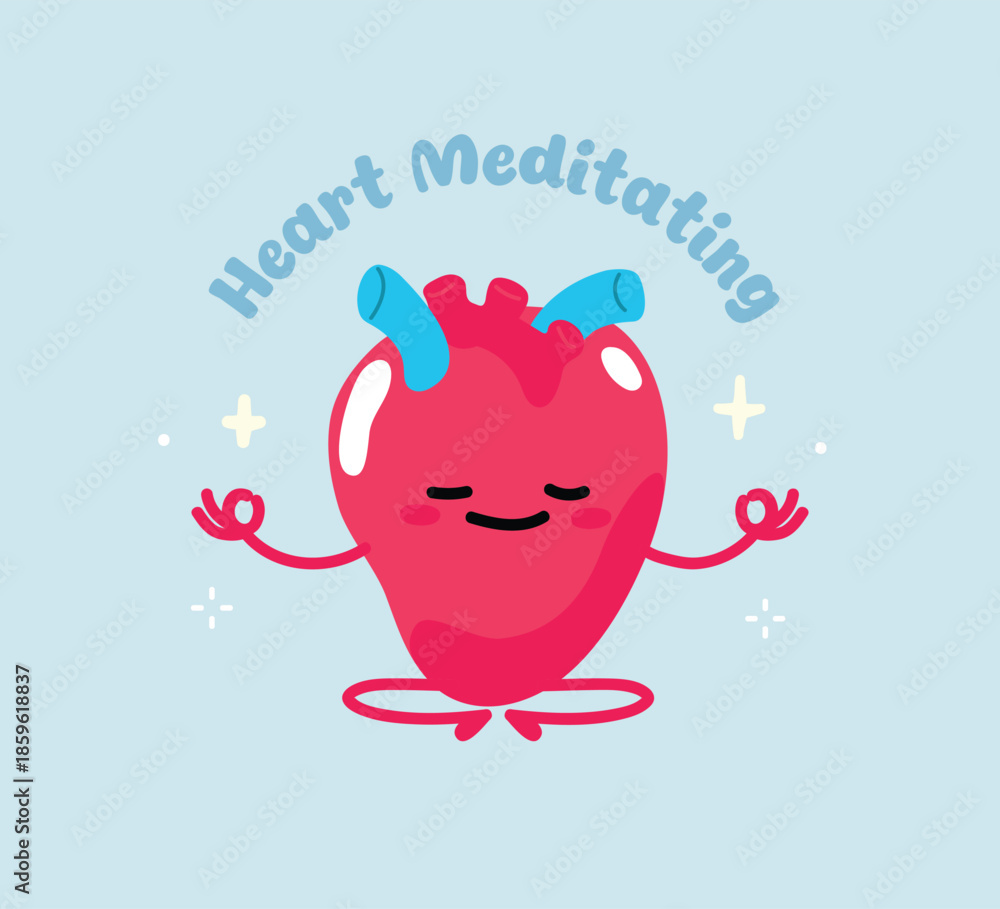 Obraz premium Peaceful heart mascot practicing yoga and mindfulness meditation. Adorable heart character in a zen pose. Mental Health Concept. Flat vector.