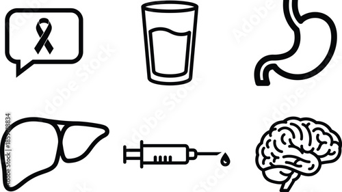 Medical symbols and human organs illustrations including liver brain stomach and syringe