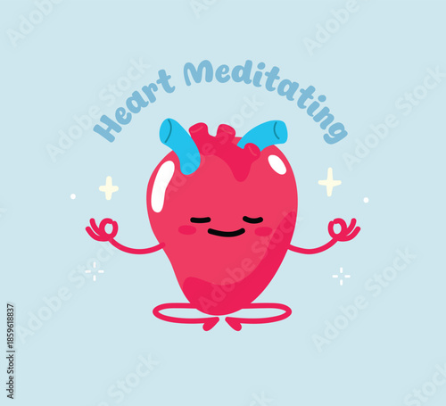 Peaceful heart mascot practicing yoga and mindfulness meditation. Adorable heart character in a zen pose. Mental Health Concept. Flat vector.
