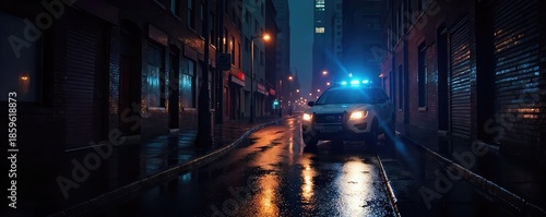A city street at night, rain slicking the pavement, a single police car's light illuminating a dark alleyway; the scene suggests a mysterious investigation is underway , alleyway, noir