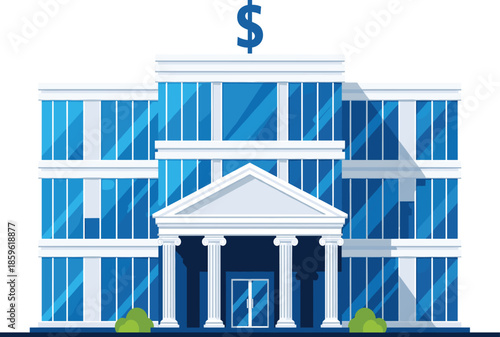 Modern bank building illustration with blue glass windows classical columns and a large dollar sign symbol for financial and banking concepts