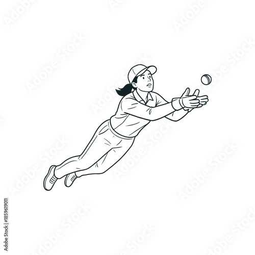 Female cricket player diving catch action sportswoman fielding airborne professional athlete line art illustration isolated on white background