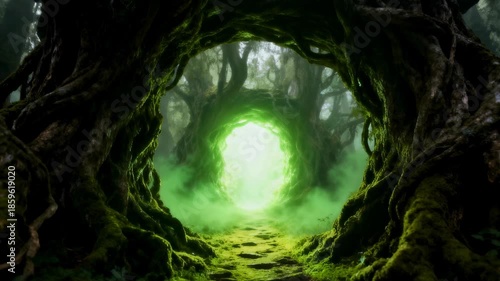 Mysterious glowing forest portal framed by twisted tree roots and green mist on a mossy path in an enchanted woodland, 4k video
