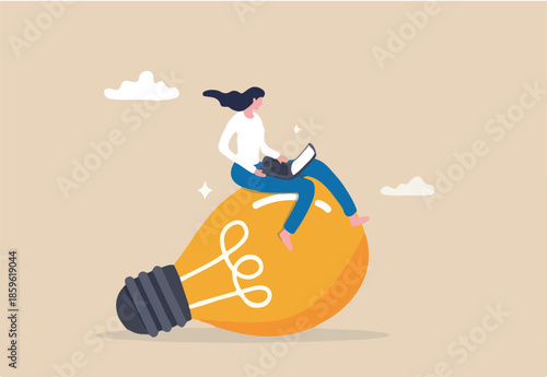 Idea or innovation to success, inspiration or solution to solve work problem, project planning, creativity or expertise concept, productive businesswoman working with computer laptop on big bulb idea.