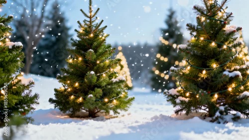 Outdoor christmas trees decorated with glowing string lights in a snowy winter landscape with gently falling snowflakes at dusk, 4k video