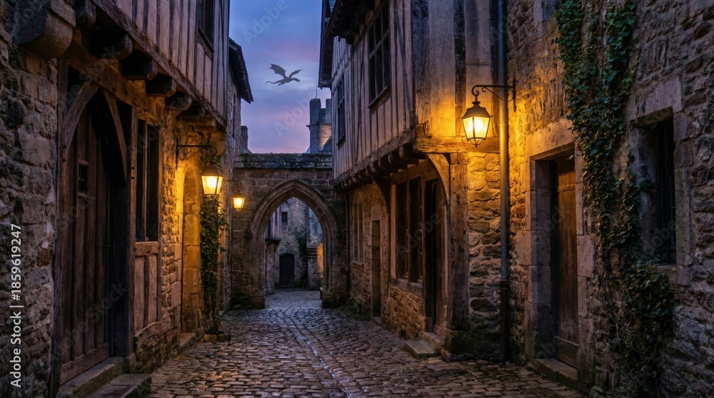 Obraz premium Dragon Flying Over Ancient Medieval Cobblestone Street at Twilight 