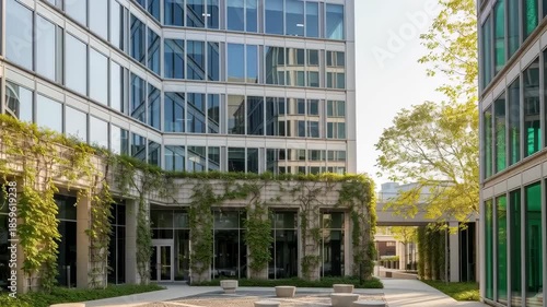 Modern glass office building courtyard with green ivy, minimalist planters and bright natural light in contemporary urban business district, 4k video