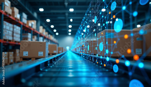 Smart warehouse with artificial intelligence that displays cardboard boxes on an automated conveyor system.